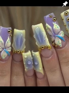 Lavender pastel nails with hand-painted butterflies and gold beads